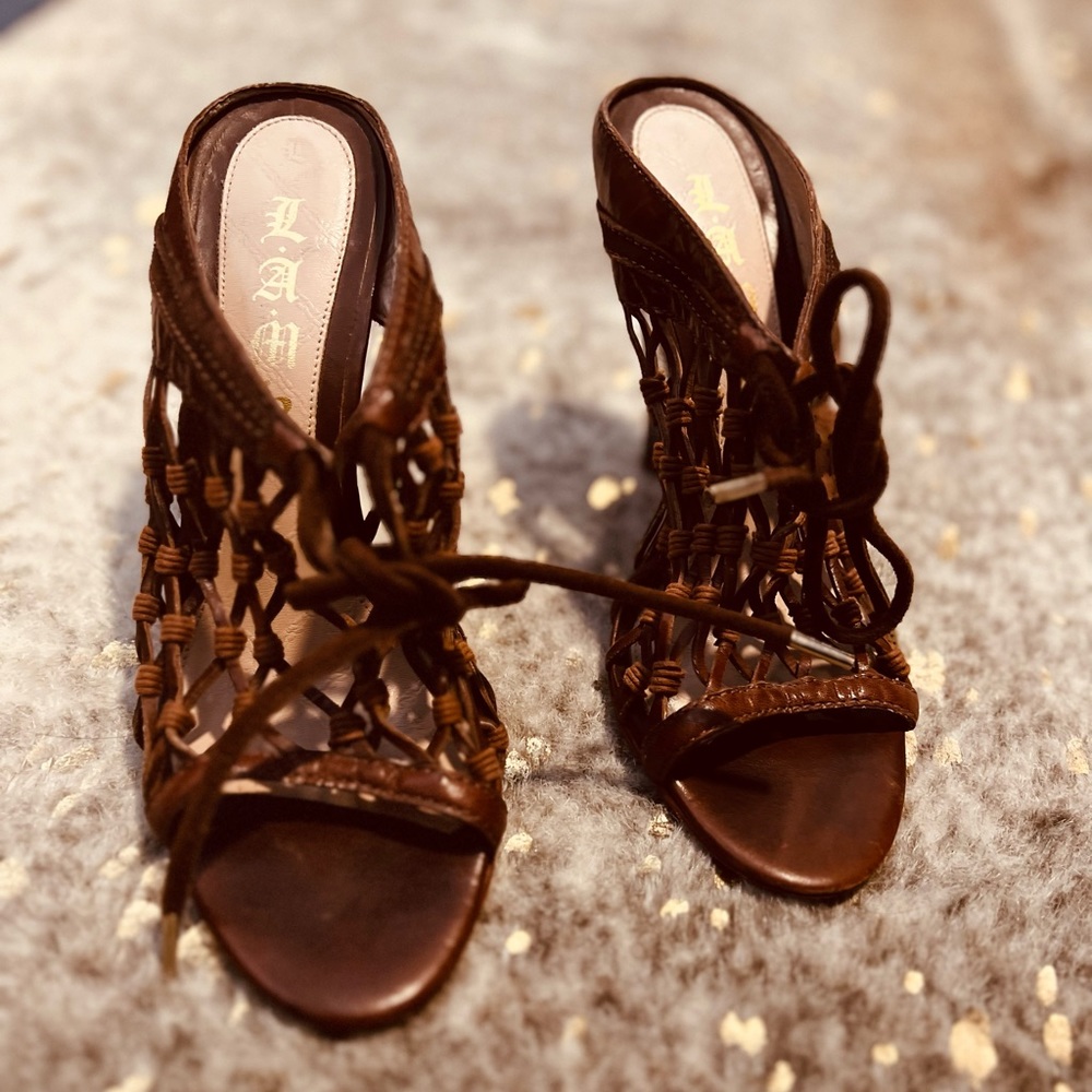 L.A.M.B. Woven Leather Heels 7.5